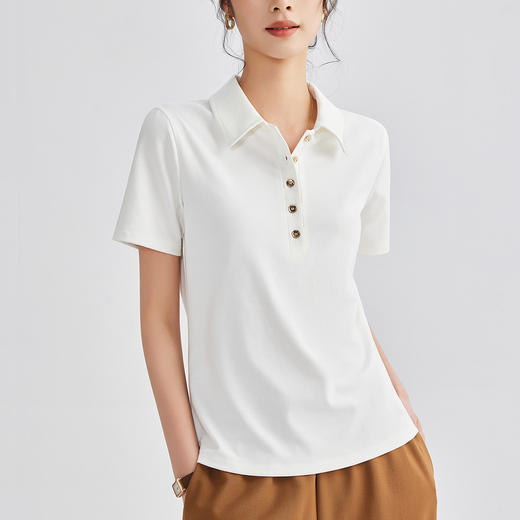 雀说新款轻氧感翻领休闲短袖T恤女 夏季显瘦正肩金扣polo小衫ALM678 商品图5