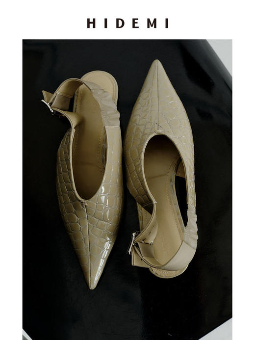 HIDEMI 进口牛皮鳄鱼纹尖头摩登松紧带可调节扣平底鞋单鞋 夜空蓝/杏仁灰 商品图4