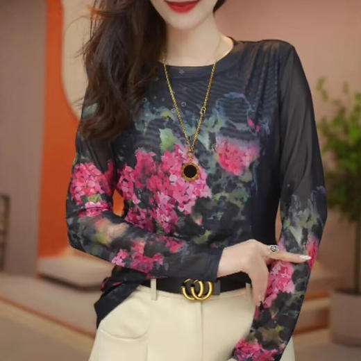 雀说圆领网纱打底小衫长袖女印花高级感春季新款洋气上衣时尚t恤ALSMZ34378 商品图3