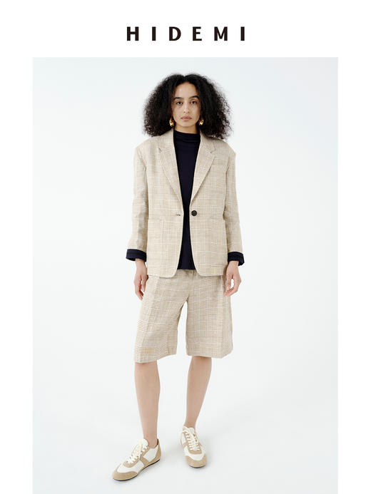 HIDEMI 甄选天然百分水洗做旧感色织亚麻极简宽松口袋男朋友西装中短裤套装 商品图0