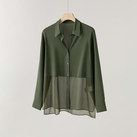 丁摩设计感长袖真丝衬衫女新品拼接防晒衬衣通勤桑蚕丝方领上衣AL1000606 商品图3