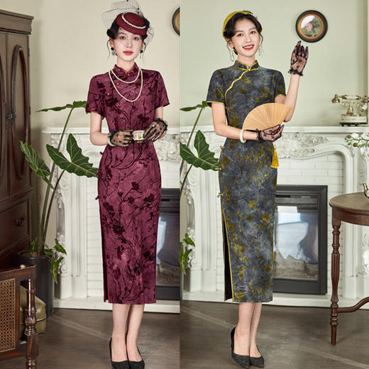 GX弹力扎染长款短袖旗袍2025春夏新款复古国风旗袍 商品图0