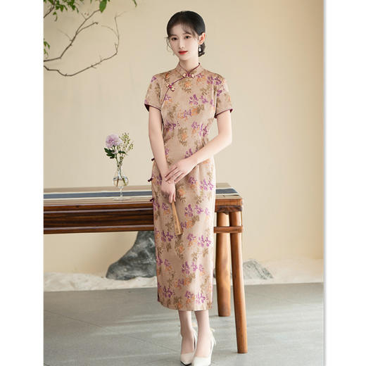 GX仿花罗长款短袖旗袍2025春新款复古国风宴会旗袍 商品图3