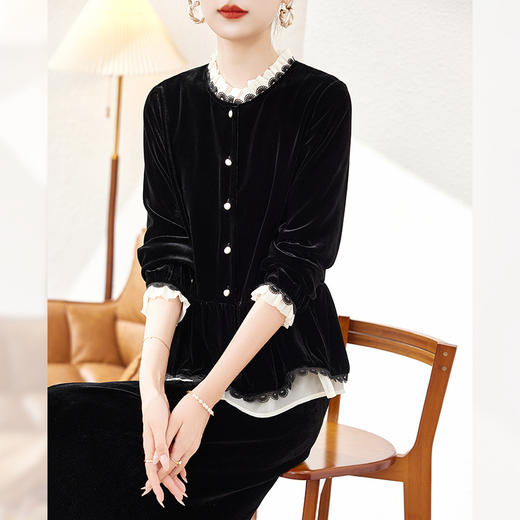 丁摩真丝丝绒衬衫女长袖新款桑蚕丝气质木耳边修身洋气上衣ALAS0379 商品图1