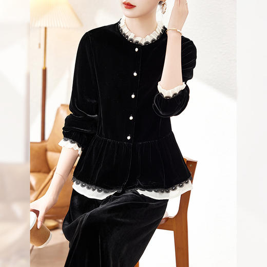 丁摩真丝丝绒衬衫女长袖新款桑蚕丝气质木耳边修身洋气上衣ALAS0379 商品图2