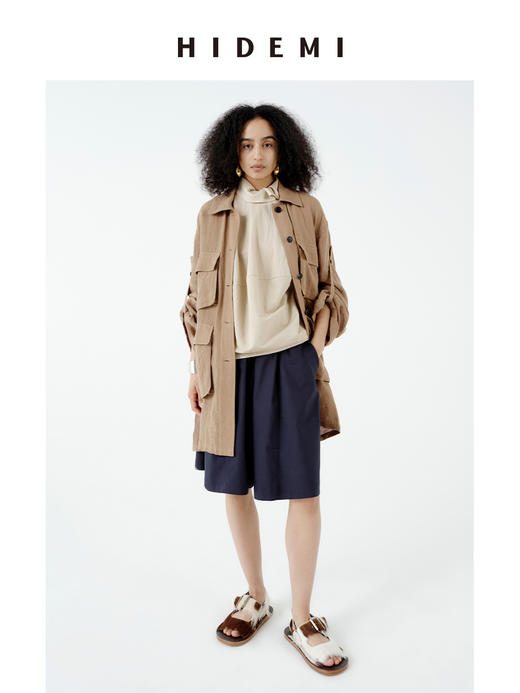 HIDEMI 水洗做旧感亚麻立体口袋猎装廓形薄外套阔腿裤两件套套装 商品图13