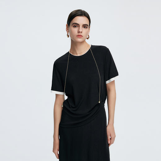 棉仓362601009-初棉强捻醋酸假两件T恤半裙套装奢感优雅 商品图0