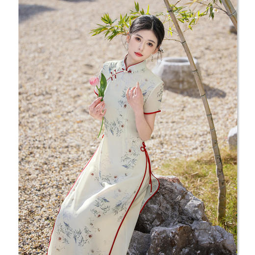 GX长款素雅改良新中式奥黛旗袍裙2025春夏新款年轻女士日常可穿奥黛 商品图0