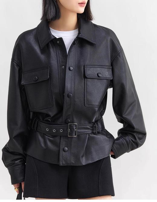 丁摩荔枝纹特种羊皮翻领衬衫式明星款真皮皮衣外套女AL6228 商品图5