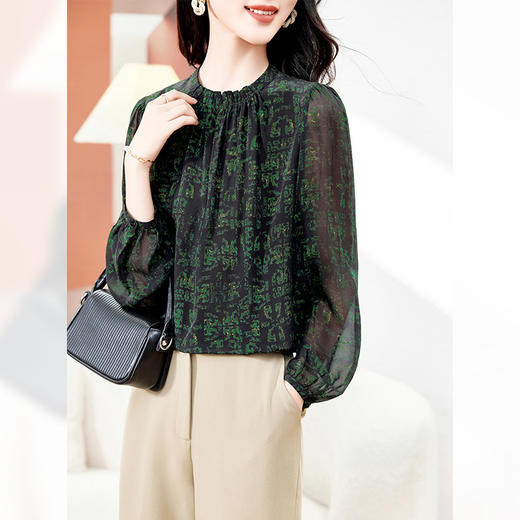 丁摩真丝衬衫女新款印花七分袖气质高端桑蚕丝上衣AL0366 商品图3