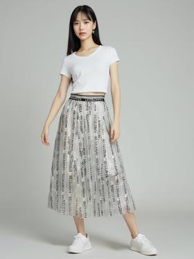 春季特卖 潮牌清仓价-白色字母烫钻松紧腰网纱半裙1014-喜出