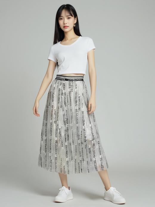 春季特卖 潮牌清仓价-白色字母烫钻松紧腰网纱半裙1014-喜出 商品图0