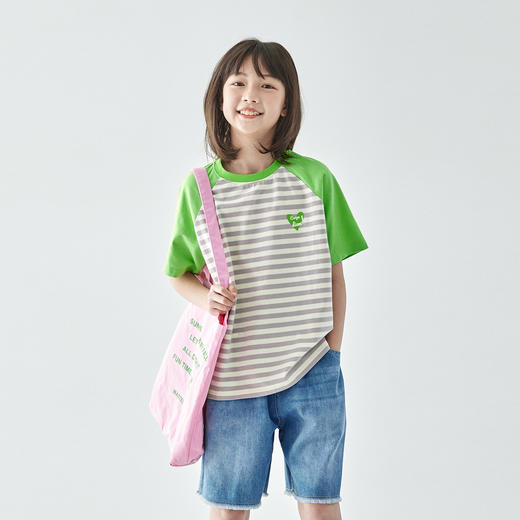 棵初25年夏季新款女童拼色条纹T恤儿童爱心字母印花圆领短袖上衣 商品图3