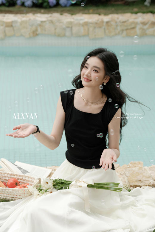 鹿向南「花漾轻纱」复古优雅白纱宽松半身裙女2025新款夏季A字裙
 商品图5