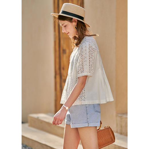 欧芮儿蕾丝衫女短袖2020夏季新款镂空洋气宽松V领气质时尚半袖 商品图1