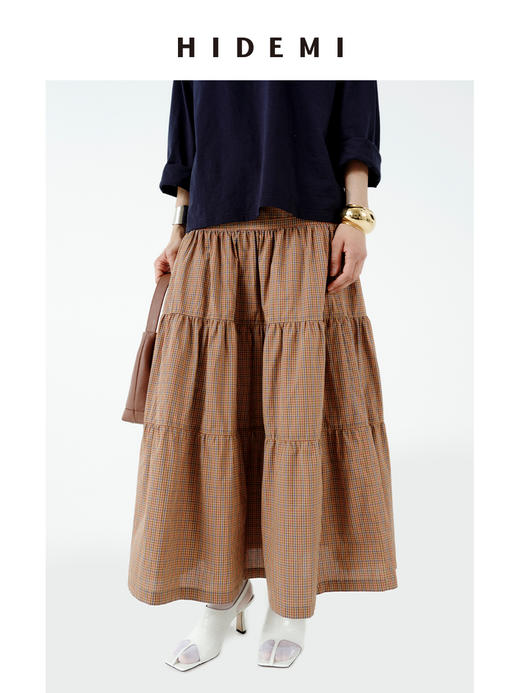 HIDEMI 极简设计感压褶拼接显瘦伞状牵牛花半身裙 格纹/自然白 商品图7