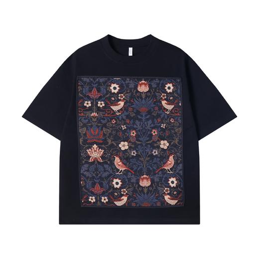 T2828夏季高级感新款国风小鸟花卉刺绣圆领短袖T恤宽松情侣复古上衣 商品图1