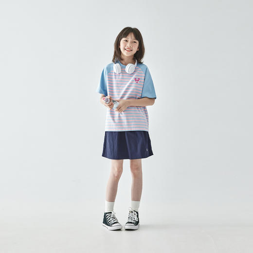 棵初25年夏季新款女童拼色条纹T恤儿童爱心字母印花圆领短袖上衣 商品图1