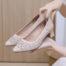 雀说新款时尚镂空网纱粗跟韩版浅口女凉鞋烫钻单鞋透气舒适女鞋AL3001