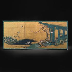 独角鹿西洋古董 19世纪日本江户时代出品「竹梅鸳鸯」主题金地纸本设色六曲屏风