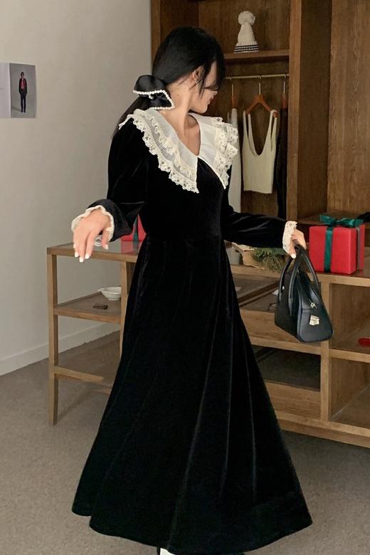 ELLA JADE 精致优雅蕾丝领丝绒连衣裙 19807 商品图2