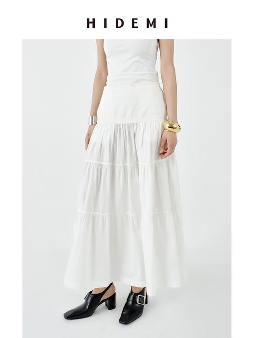 HIDEMI 极简设计感压褶拼接显瘦伞状牵牛花半身裙 格纹/自然白 商品图2