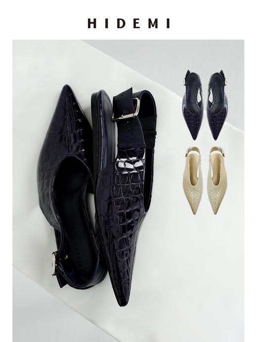 HIDEMI 进口牛皮鳄鱼纹尖头摩登松紧带可调节扣平底鞋单鞋 夜空蓝/杏仁灰 商品图1