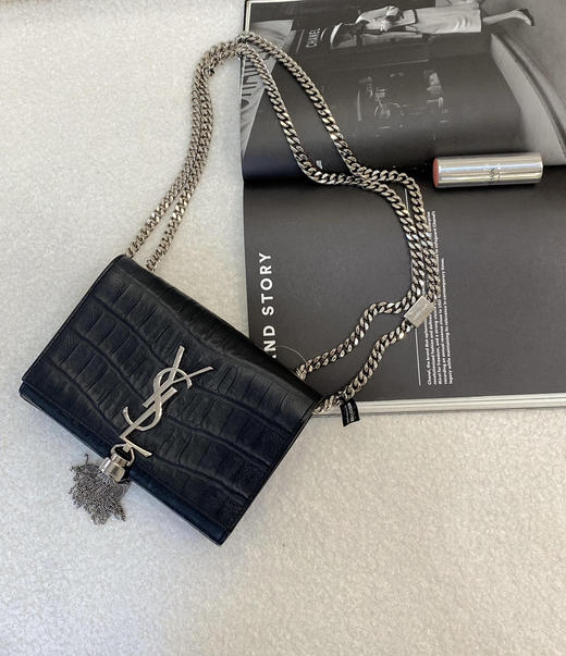 YSL 小号 黑银 雾面 鳄鱼压纹牛皮 kate 流苏 链条包 商品图0