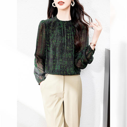 丁摩真丝衬衫女新款印花七分袖气质高端桑蚕丝上衣AL0366 商品图2