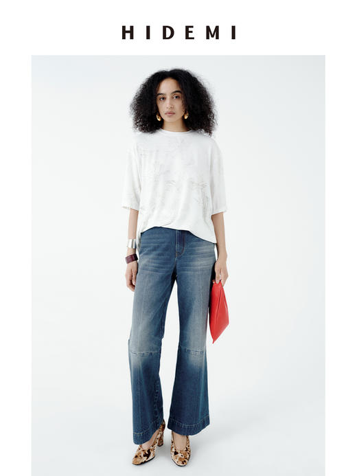 HIDEMI都市单宁系列多重水洗猫须拼接做旧感超显瘦喇叭九分裤牛仔裤 商品图4