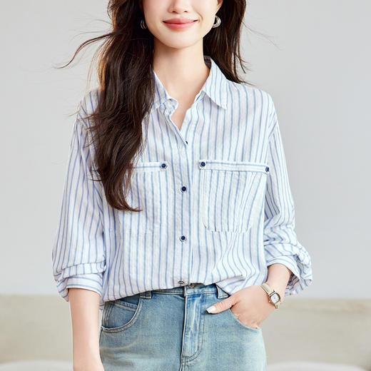 馥迦纯棉双口袋条纹衬衫 商品图7