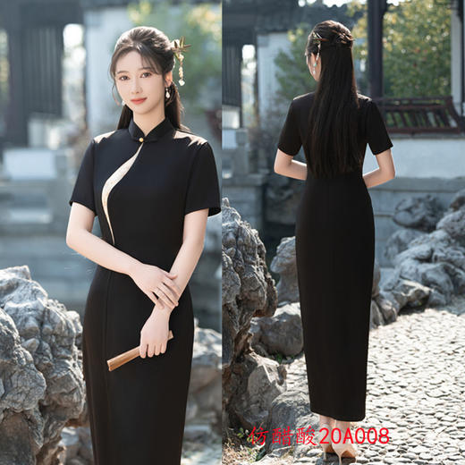GX现代时尚改良新中式仿醋酸黑色长款短袖旗袍2025春夏新款日常旗袍 商品图1