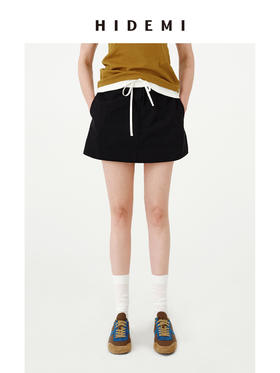 HIDEMI 极简设计感黑白撞色拼接抽绳松紧腰a字型显瘦休闲半身裙短裙