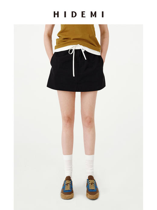 HIDEMI 极简设计感黑白撞色拼接抽绳松紧腰a字型显瘦休闲半身裙短裙 商品图0