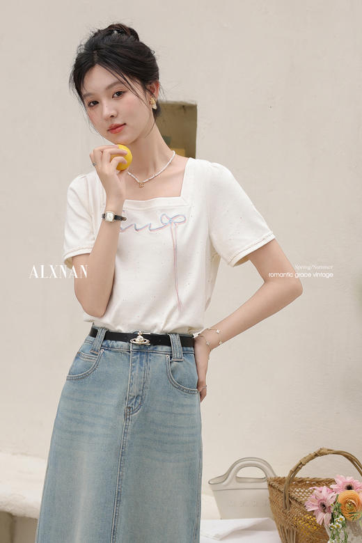 鹿向南「虹趣浅夏」杏色方领T恤2025夏季新款时尚短袖上衣女L53706 商品图5