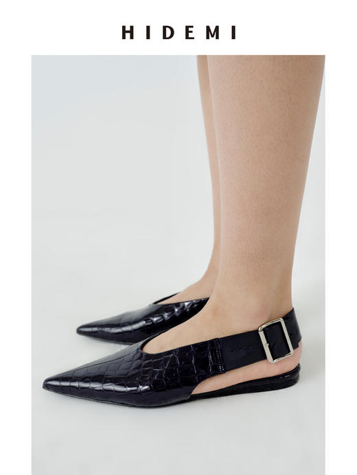 HIDEMI 进口牛皮鳄鱼纹尖头摩登松紧带可调节扣平底鞋单鞋 夜空蓝/杏仁灰 商品图7