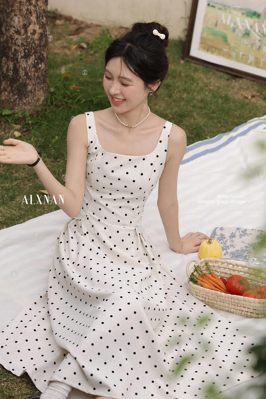 鹿向南「南法雅韵」法式波点连衣裙女夏收腰杏色吊带裙气质长裙子L53712 商品图5