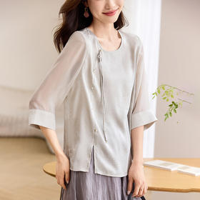 QY6712 国风设计感小众女式t恤洋气减龄短款显瘦七分袖上衣夏季