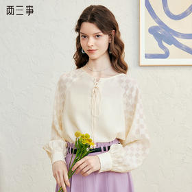 两三事 出格乖张 2025春季新款复古格子拼接绑带雪纺衫女宽松