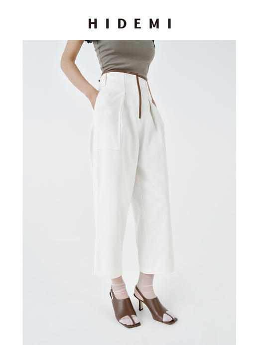 HIDEMI撞色极简设计感斜纹棉皮边拼接镶嵌工艺花苞式中高腰直筒裤 商品图2