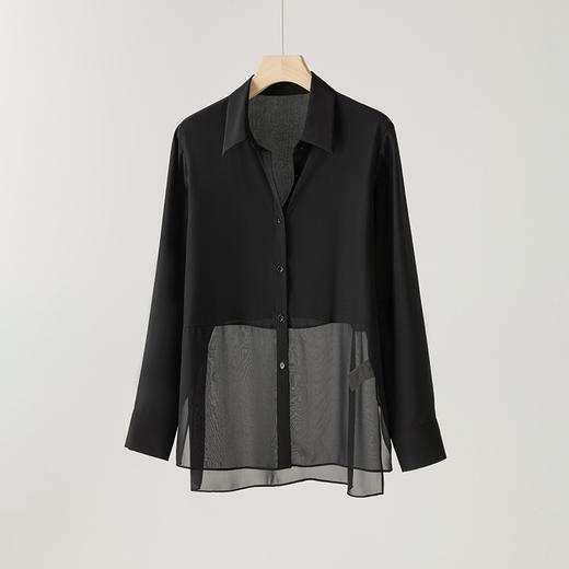 丁摩设计感长袖真丝衬衫女新品拼接防晒衬衣通勤桑蚕丝方领上衣AL1000606 商品图5