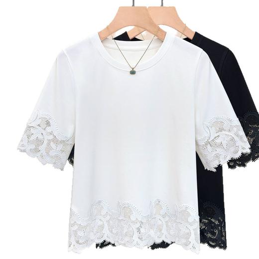 雀说设计感蕾丝拼接圆领半袖T恤女新款简约百搭显瘦纯色上衣AL695 商品图4