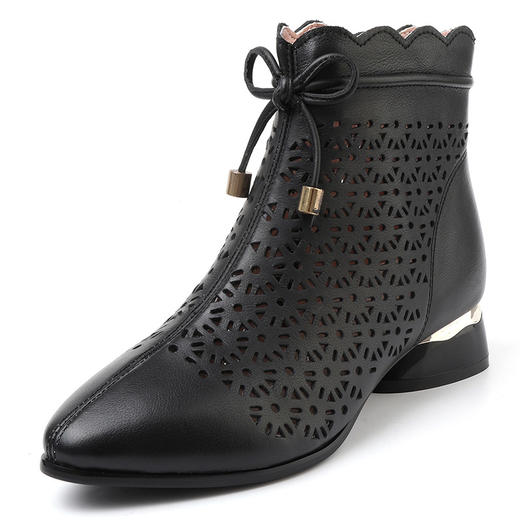 雀说真皮女靴复古镂空女鞋中粗跟妈妈鞋高帮打孔牛皮洞洞凉鞋AL3287 商品图5