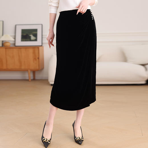 丁摩垂感真丝丝绒包臀裙女新款通勤优雅一步裙中长款显瘦半身裙AL7637 商品图1