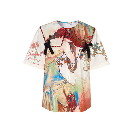 两三事 蜜夏神谕 2025春季新款文艺风蝴蝶结大翻领印花衬衫女宽松 商品图4