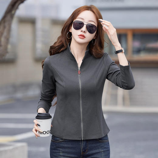 雀说新款立领拉链长袖t恤女装韩版棉质显瘦开衫AL6617 商品图6