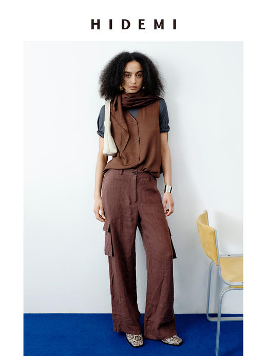 HIDEMI 水洗做旧感亚麻立体口袋猎装廓形薄外套阔腿裤两件套套装 商品图11