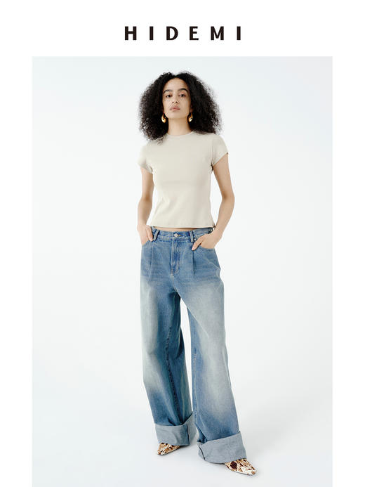 HIDEMI极简小圆领肩部拼接超显瘦基础款进口高弹收身款短款t恤 商品图4