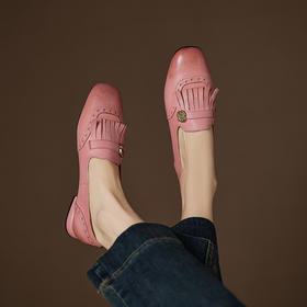 【预售5天】英伦浪漫樱花粉流苏镂空花朵牛皮乐福鞋粗低跟方头真皮单鞋女MT&MD6015