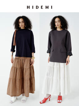 HIDEMI 极简设计感压褶拼接显瘦伞状牵牛花半身裙 格纹/自然白